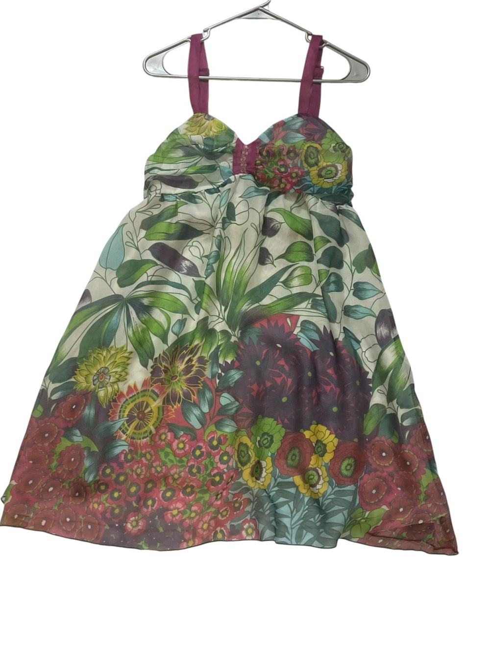 Farinelli Green & Pink Floral Print Sheer Sundress With Purple Straps sz M